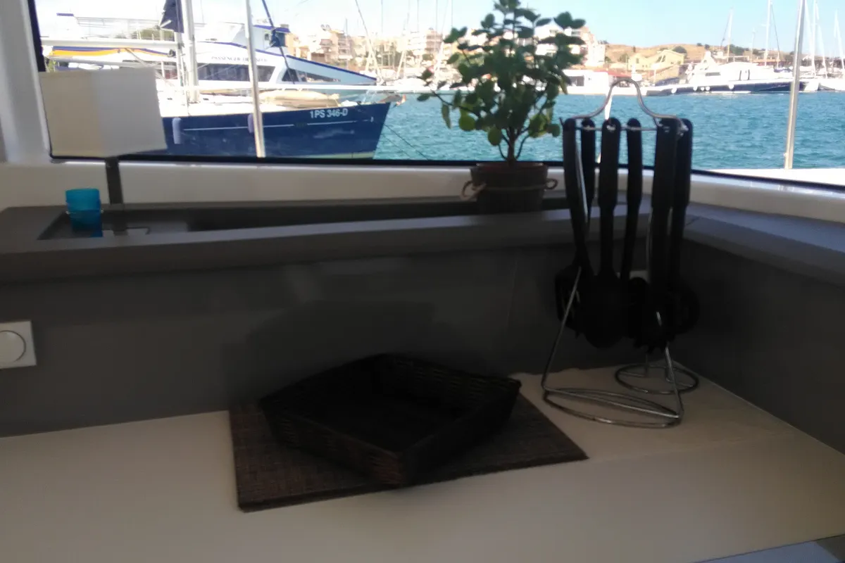 Galley of Double Kiss, a Bali 4.1 catamaran at Svoronata, Greece