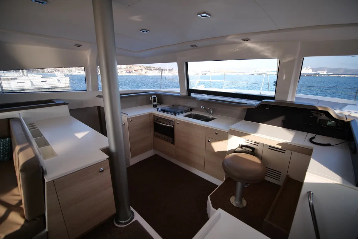 Galley of Double Kiss, a Bali 4.1 catamaran at Svoronata, Greece