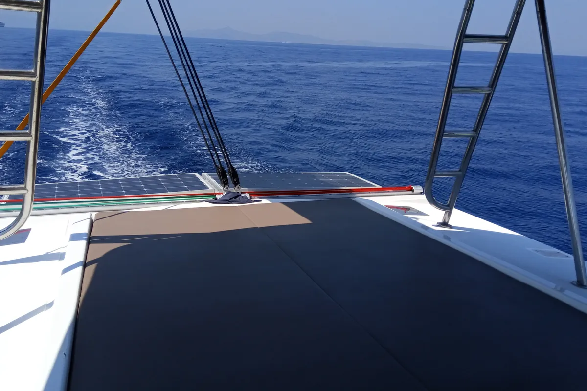 Deck of Double Kiss, a Bali 4.1 catamaran at Svoronata, Greece