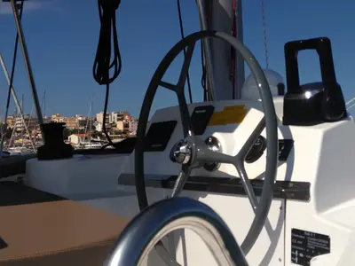 Cockpit of Double Kiss, a Bali 4.1 catamaran at Svoronata, Greece