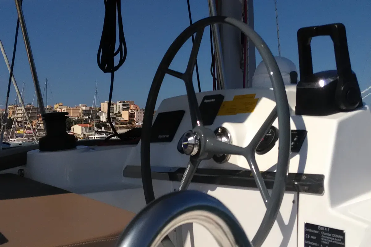 Cockpit of Double Kiss, a Bali 4.1 catamaran at Svoronata, Greece
