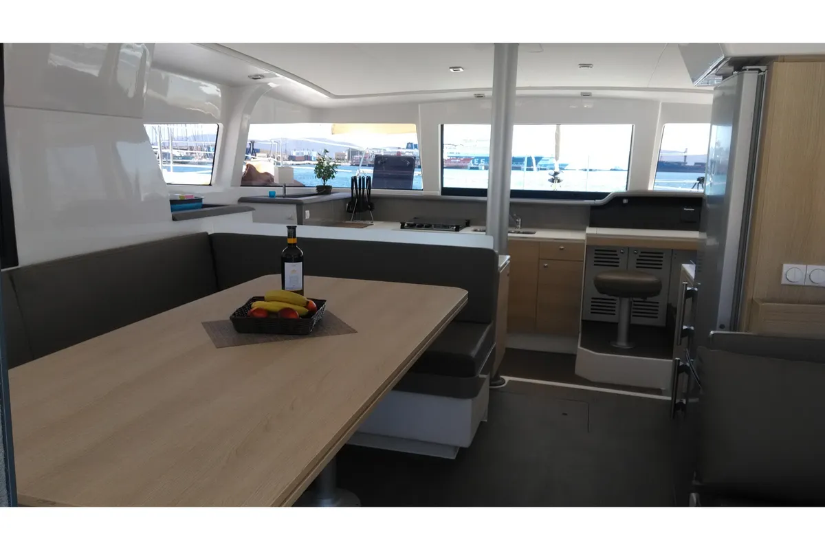 Salon of Double Kiss, a Bali 4.1 catamaran at Svoronata, Greece