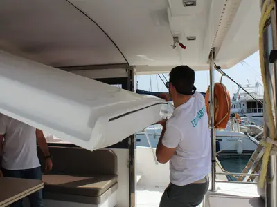 Deck of Double Kiss, a Bali 4.1 catamaran at Svoronata, Greece