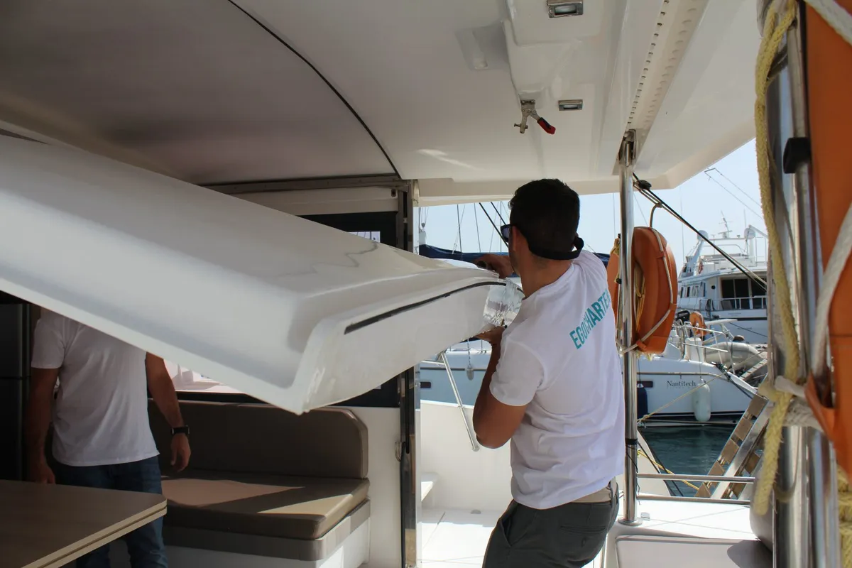 Deck of Double Kiss, a Bali 4.1 catamaran at Svoronata, Greece