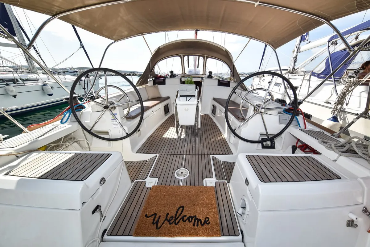 Cockpit of Pižulot, a Jeanneau Sun Odyssey 449 sailboat at Općina Sukošan, Croatia