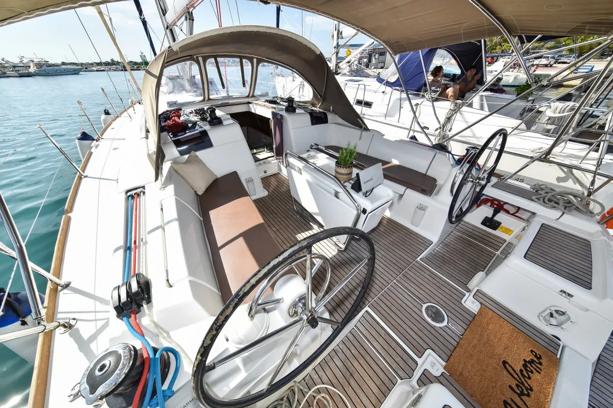 Cockpit of Pižulot, a Jeanneau Sun Odyssey 449 sailboat at Općina Sukošan, Croatia
