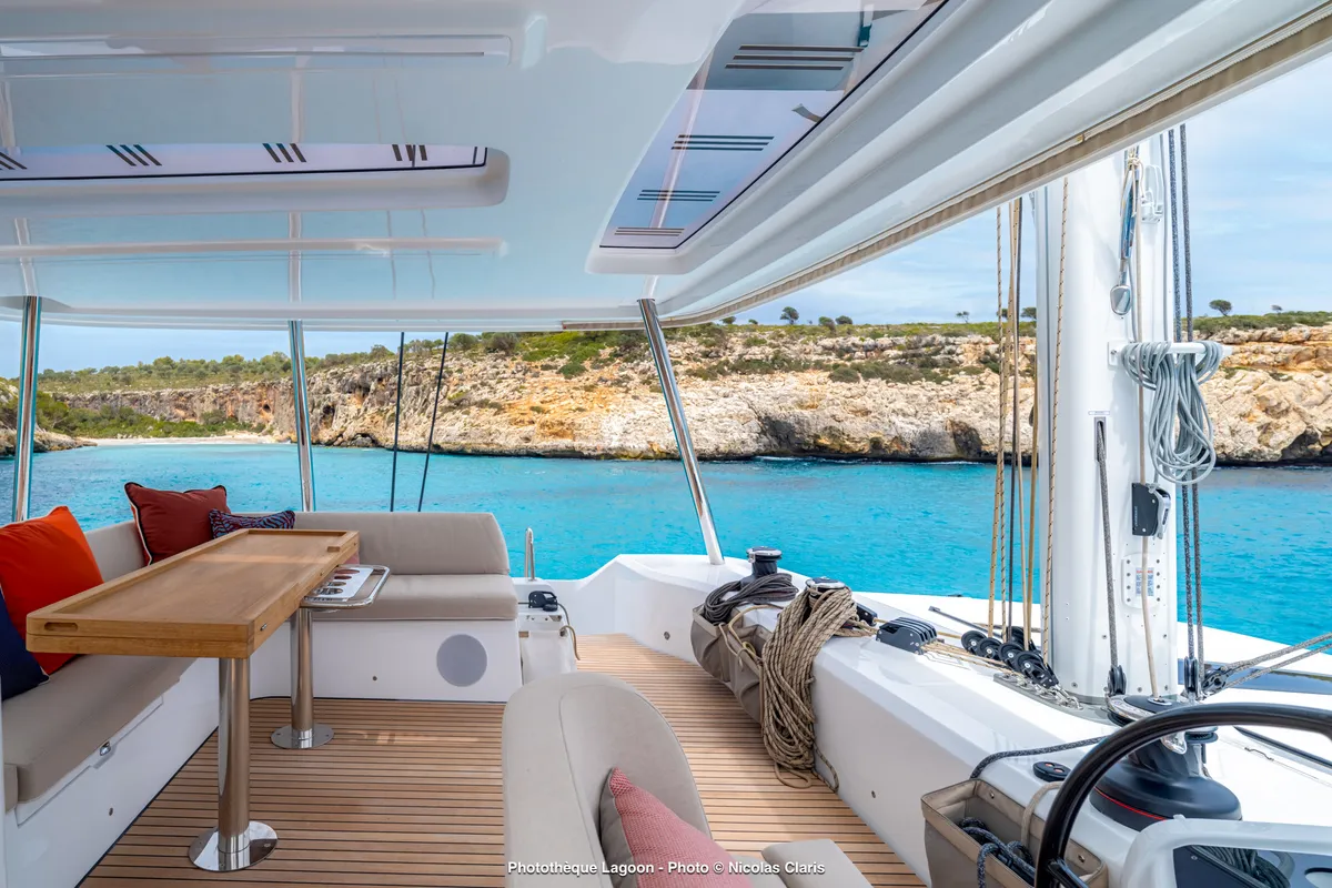 Cockpit of SAILUXE - Sami, a Lagoon 55 catamaran at Olbia, Italy