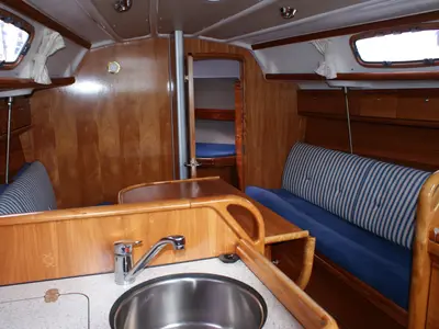 Galley of ANA, a Bavaria 30 Cruiser sailboat at Grad Labin, Croatia