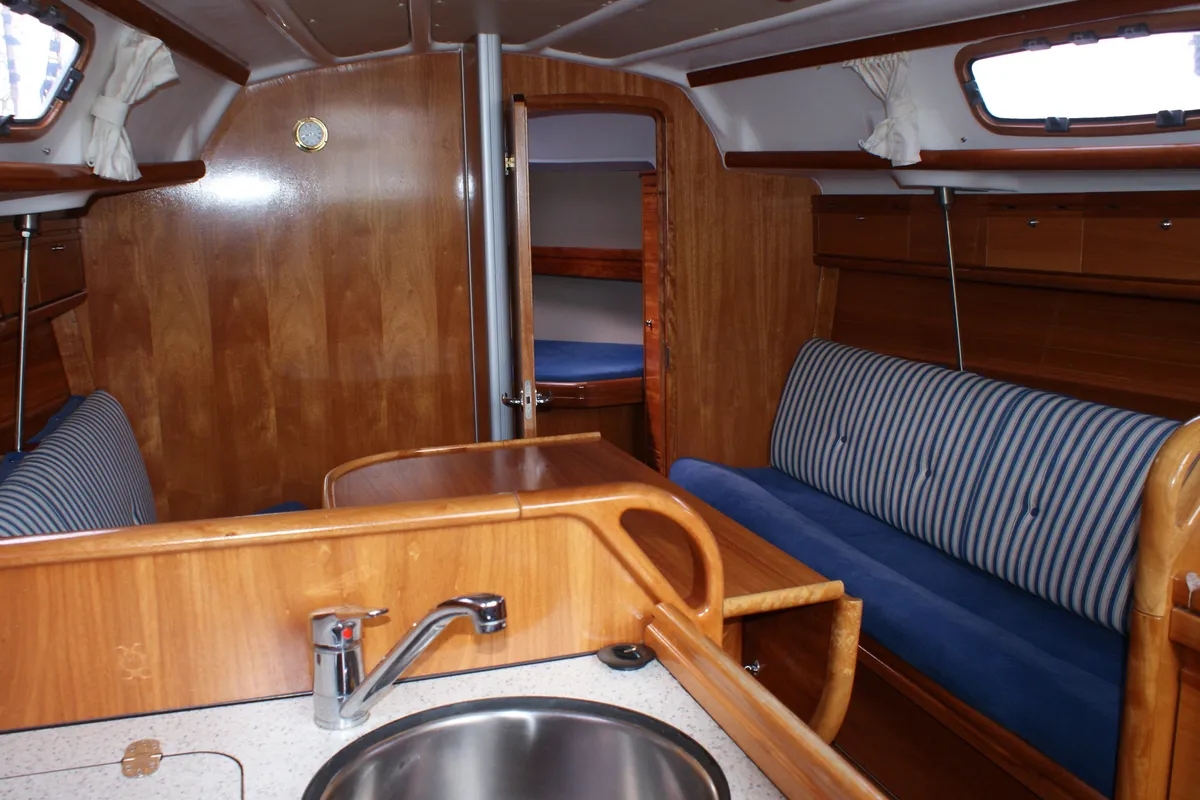 Galley of ANA, a Bavaria 30 Cruiser sailboat at Grad Labin, Croatia