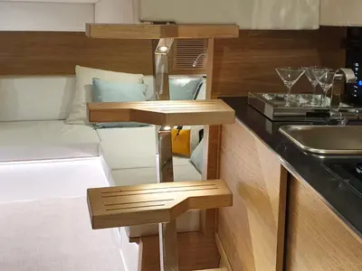 Galley of Para Voce, a Antonio D42 motorboat at Platys Gialos, Greece