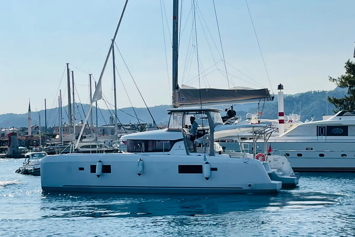 Exterior view of Liquid Asset, a Lagoon 42 catamaran at Marmaris, Turkey