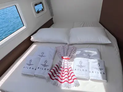 Cabin on Liquid Asset, a Lagoon 42 catamaran at Marmaris, Turkey