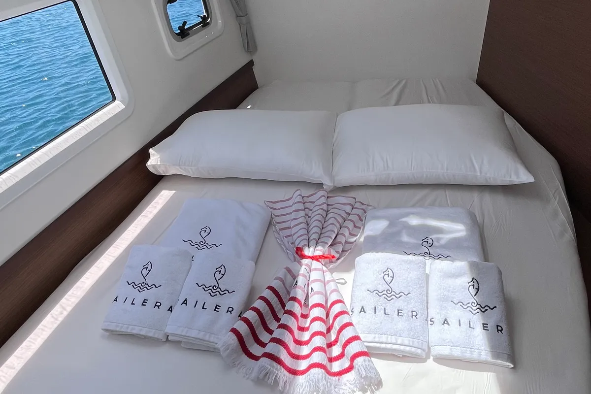 Cabin on Liquid Asset, a Lagoon 42 catamaran at Marmaris, Turkey
