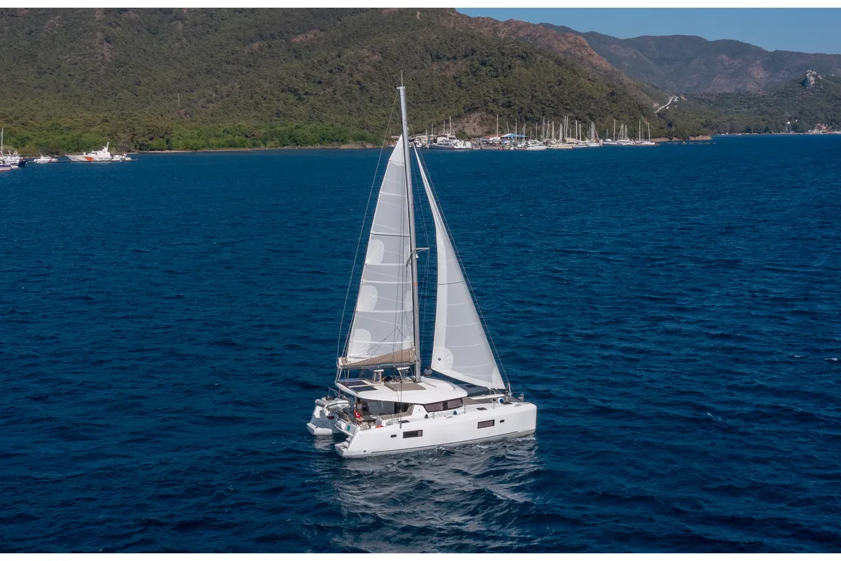 Exterior view of Liquid Asset, a Lagoon 42 catamaran at Marmaris, Turkey