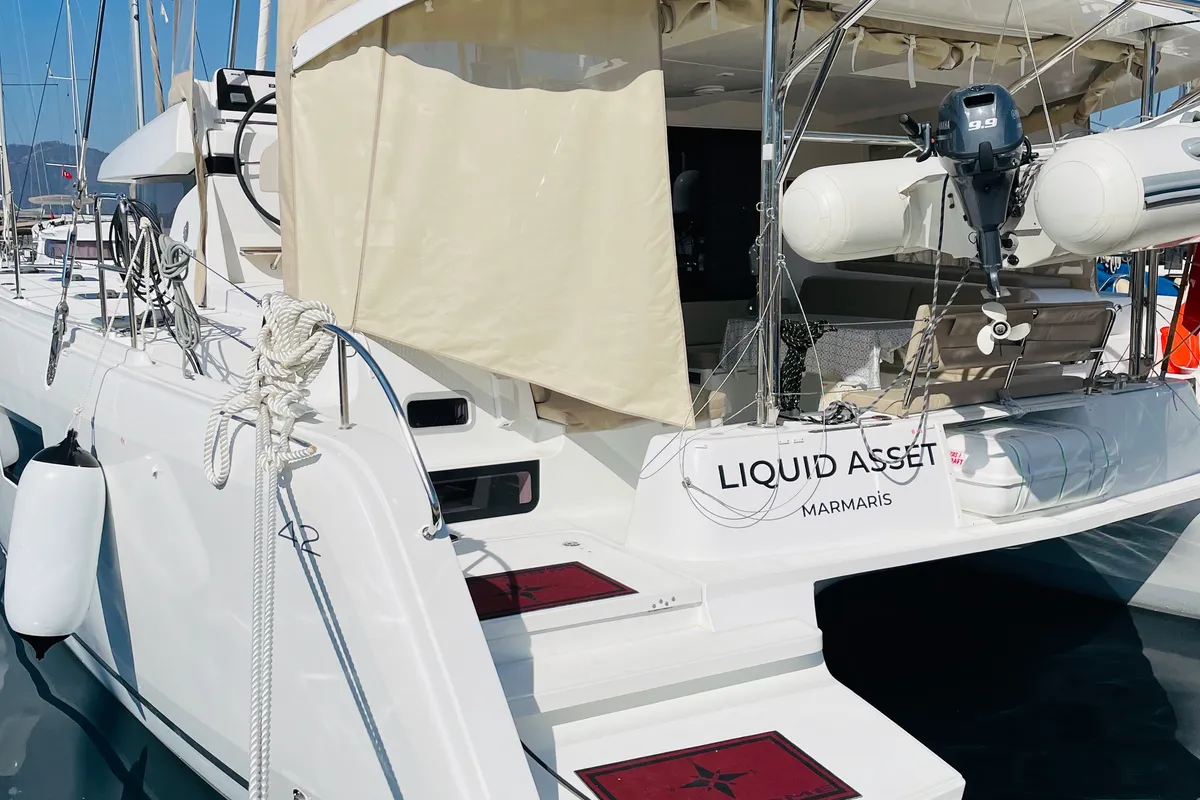 Exterior view of Liquid Asset, a Lagoon 42 catamaran at Marmaris, Turkey
