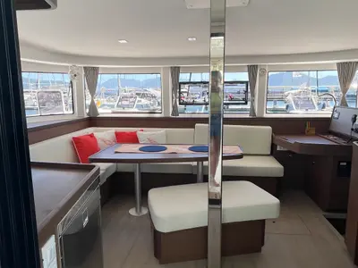Salon of Liquid Asset, a Lagoon 42 catamaran at Marmaris, Turkey
