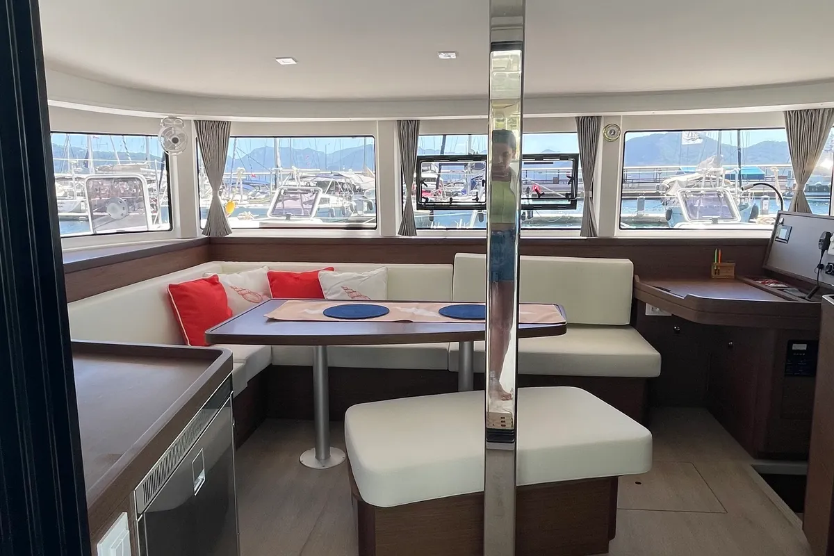 Salon of Liquid Asset, a Lagoon 42 catamaran at Marmaris, Turkey