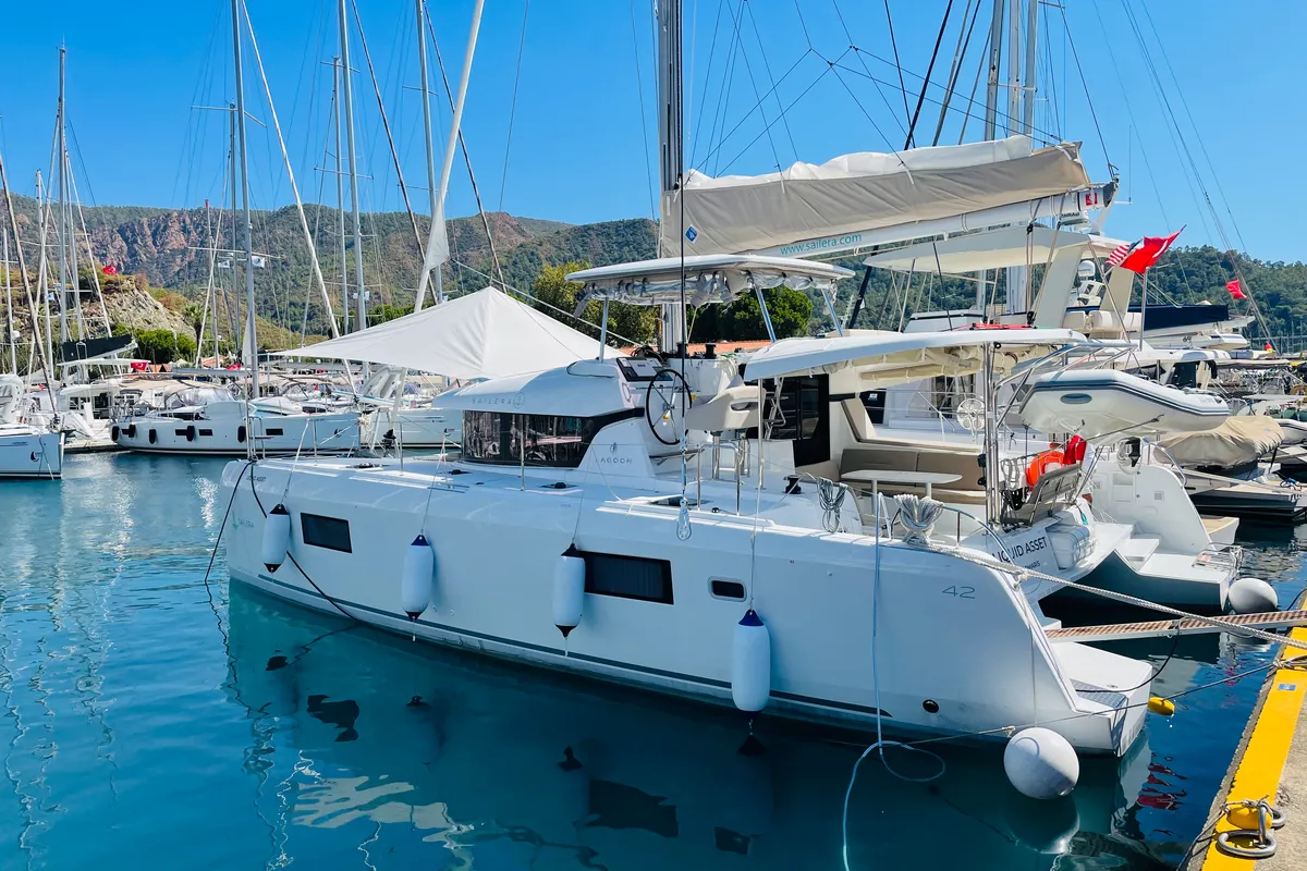 Exterior view of Liquid Asset, a Lagoon 42 catamaran at Marmaris, Turkey