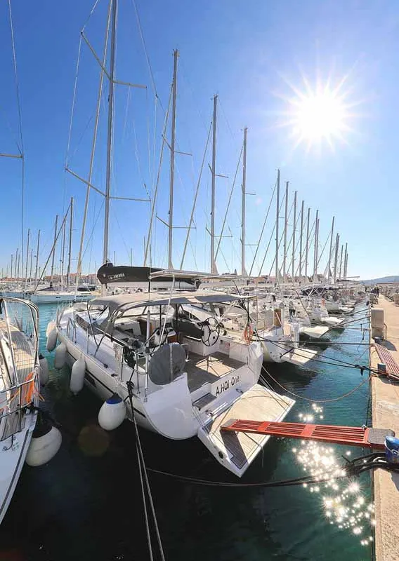 Exterior view of A.HO.I. one, a Bavaria C45 Holiday sailboat at Grad Biograd na Moru, Croatia