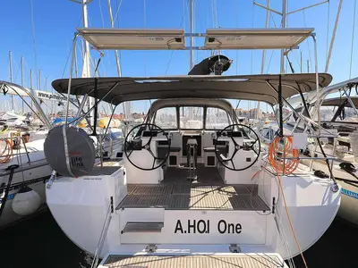 Cockpit of A.HO.I. one, a Bavaria C45 Holiday sailboat at Grad Biograd na Moru, Croatia