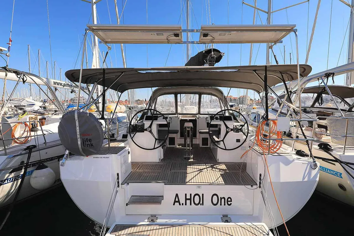 Cockpit of A.HO.I. one, a Bavaria C45 Holiday sailboat at Grad Biograd na Moru, Croatia