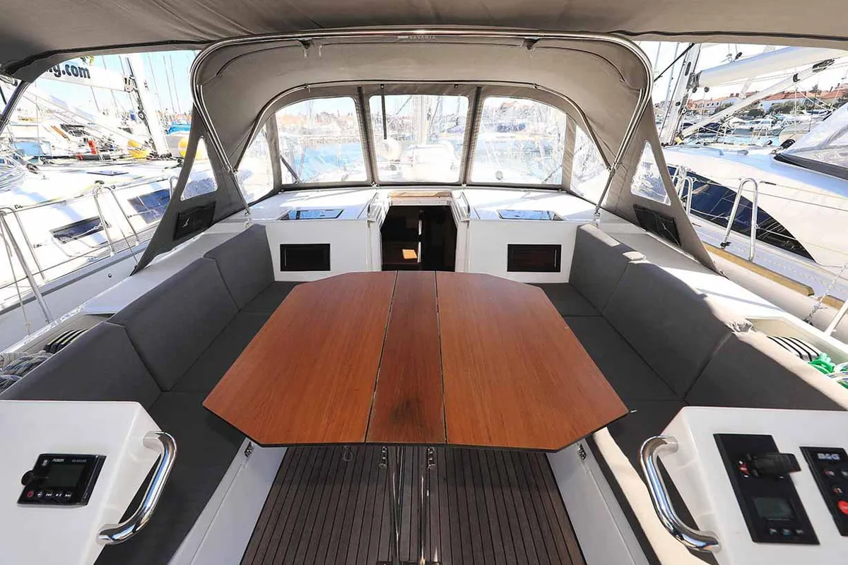 Deck of A.HO.I. one, a Bavaria C45 Holiday sailboat at Grad Biograd na Moru, Croatia