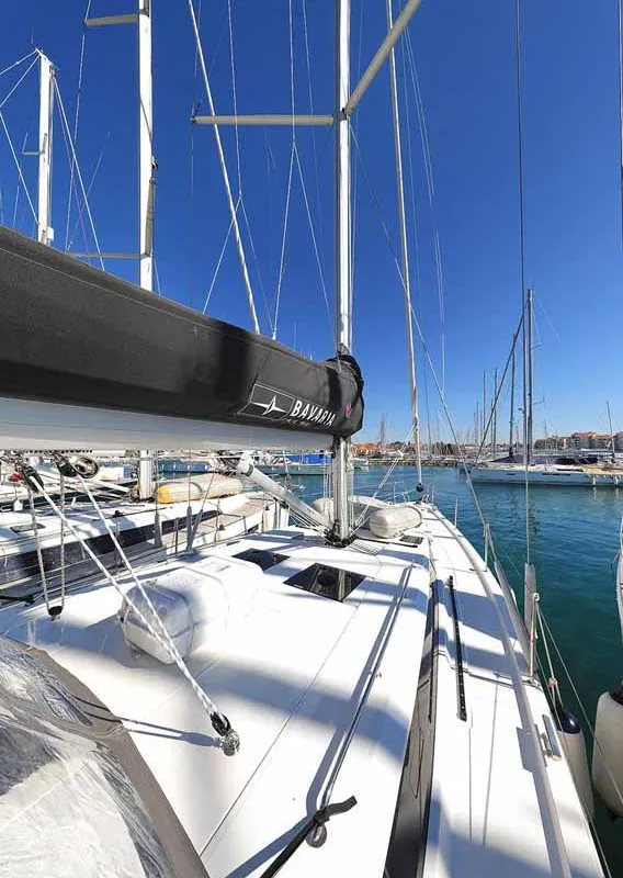 Deck of A.HO.I. one, a Bavaria C45 Holiday sailboat at Grad Biograd na Moru, Croatia