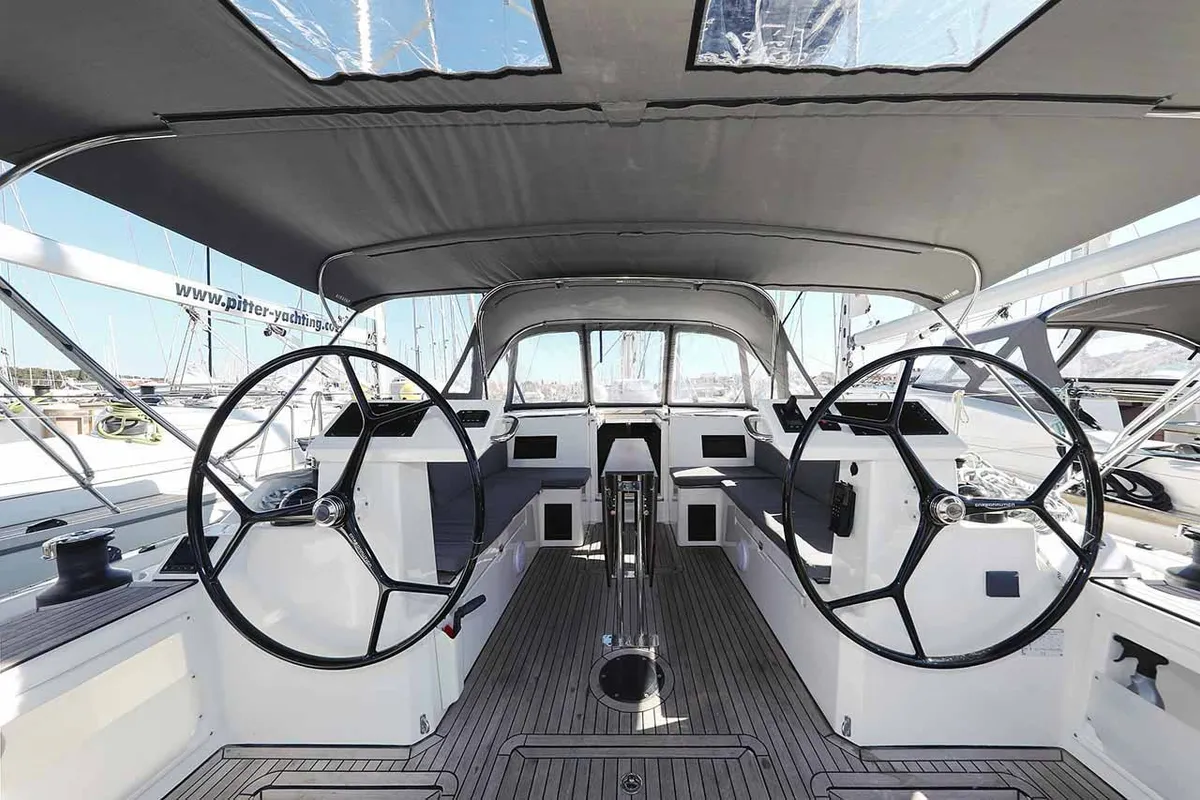 Cockpit of A.HO.I. one, a Bavaria C45 Holiday sailboat at Grad Biograd na Moru, Croatia