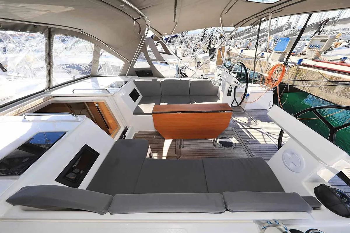 Deck of A.HO.I. one, a Bavaria C45 Holiday sailboat at Grad Biograd na Moru, Croatia