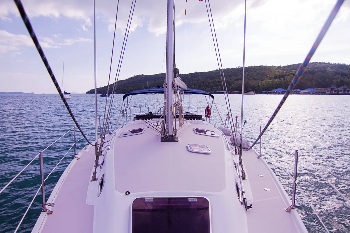 Deck of Vag Alame, a Catalina 375 sailboat at Mai Khao, Thailand