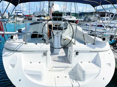 Cockpit of Vag Alame, a Catalina 375 sailboat at Mai Khao, Thailand