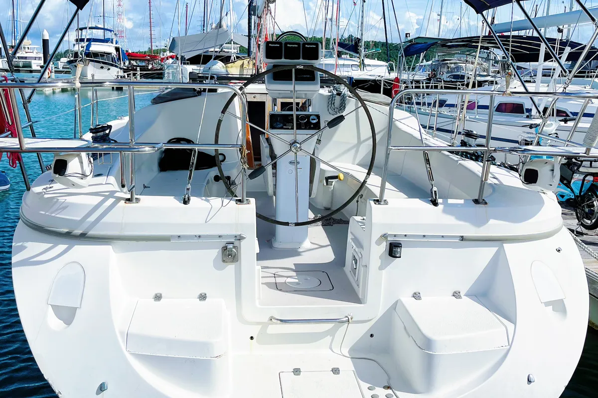 Cockpit of Vag Alame, a Catalina 375 sailboat at Mai Khao, Thailand