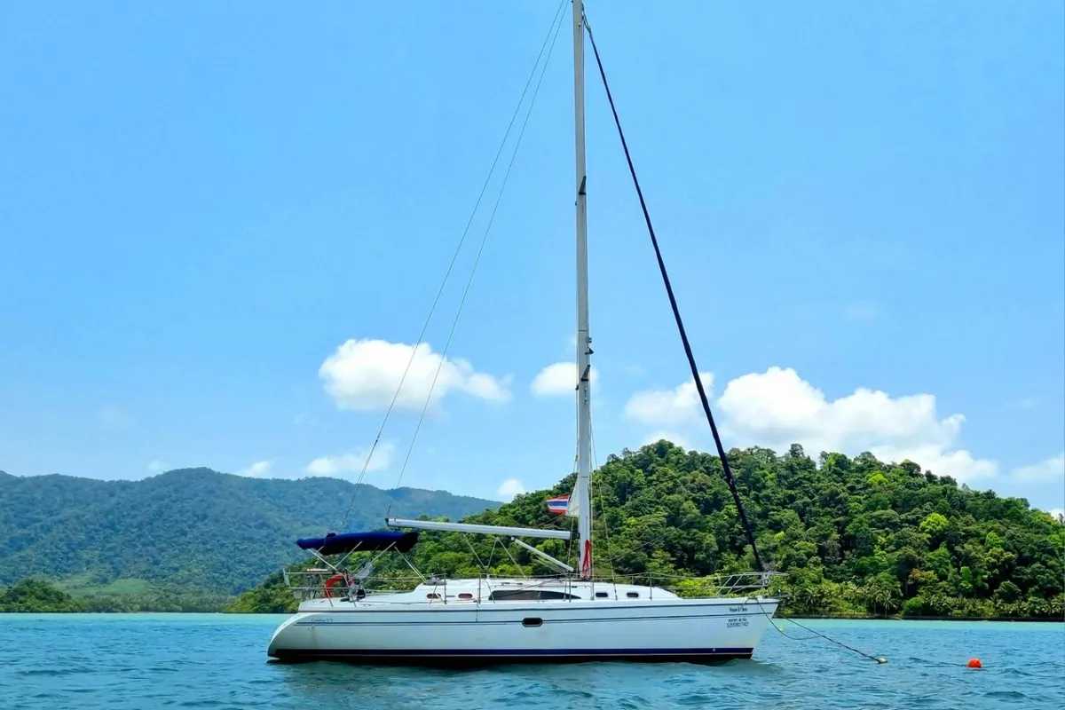 Exterior view of Vag Alame, a Catalina 375 sailboat at Mai Khao, Thailand