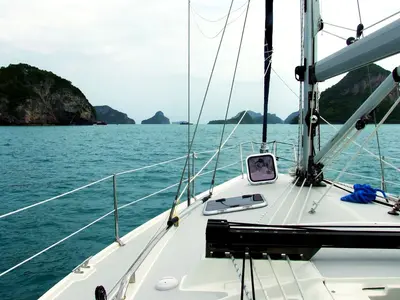 Deck of Vag Alame, a Catalina 375 sailboat at Mai Khao, Thailand