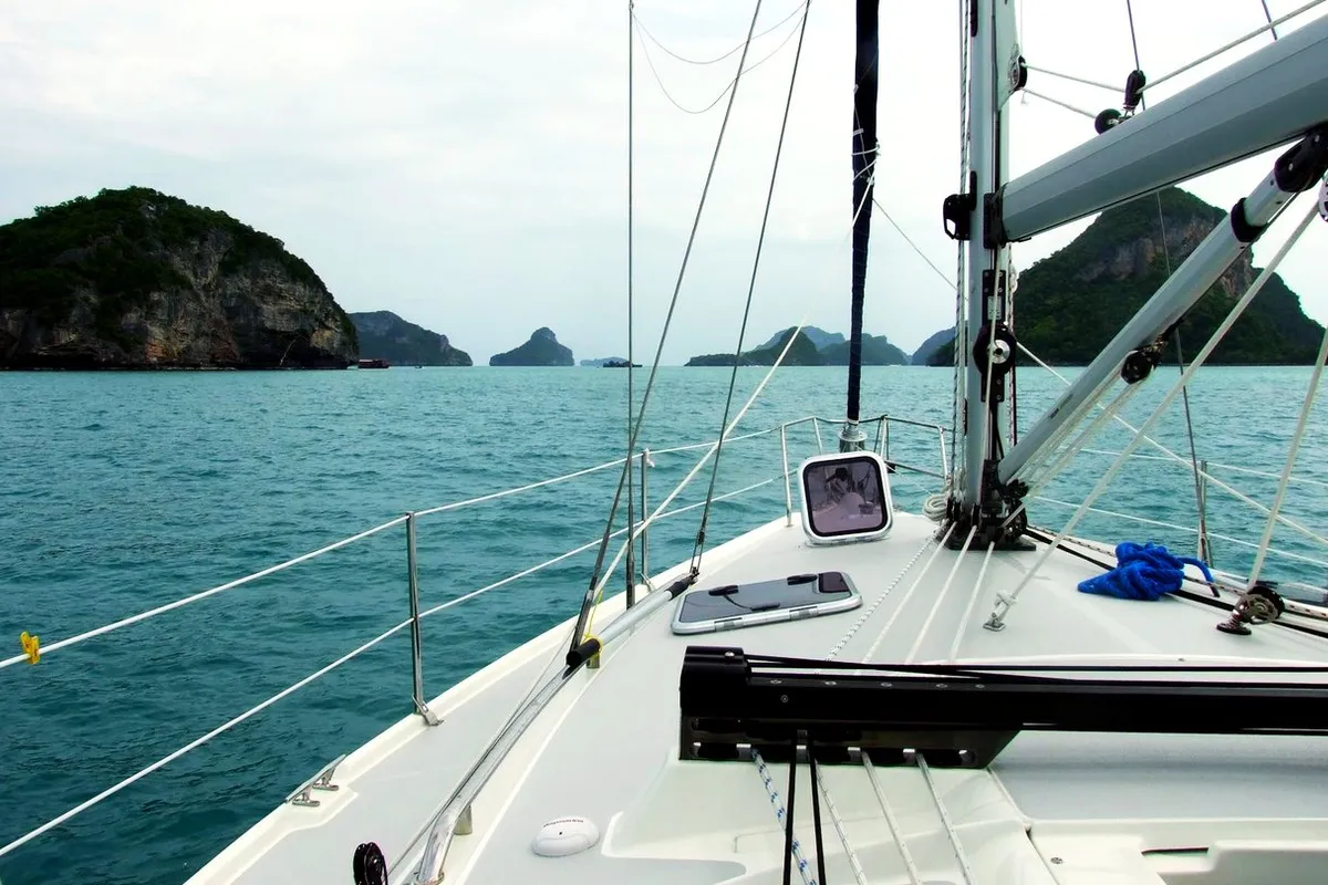 Deck of Vag Alame, a Catalina 375 sailboat at Mai Khao, Thailand