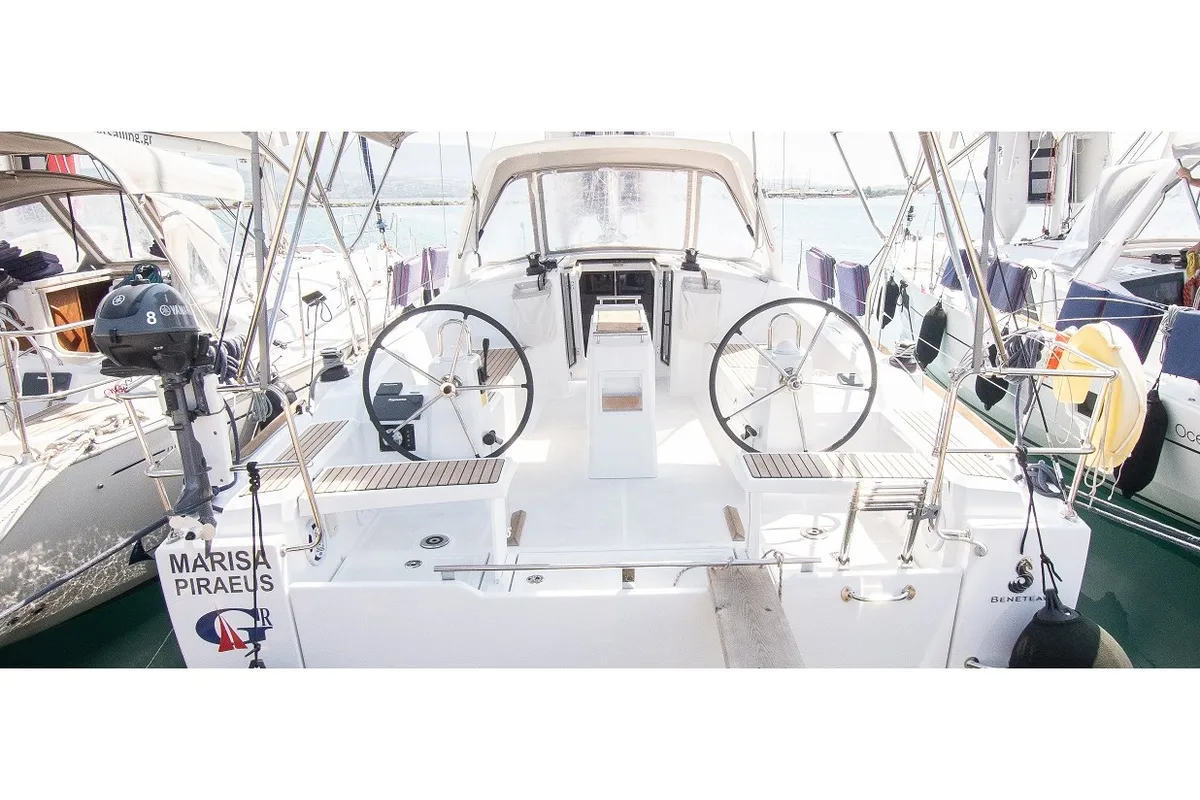 Cockpit of Marisa Sails 2025, a Beneteau Oceanis 38.1 sailboat at Municipal Unit of Lefkada, Greece