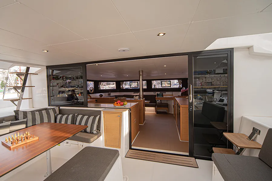 Deck of My Blue Heaven, a Dufour 48 Cat catamaran at Athens, Greece
