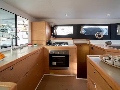 Galley of My Blue Heaven, a Dufour 48 Cat catamaran at Athens, Greece