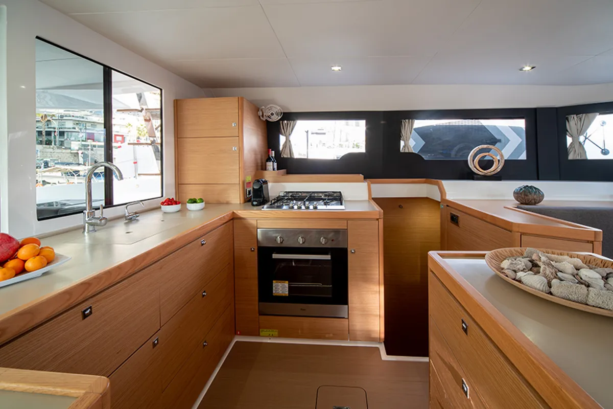 Galley of My Blue Heaven, a Dufour 48 Cat catamaran at Athens, Greece