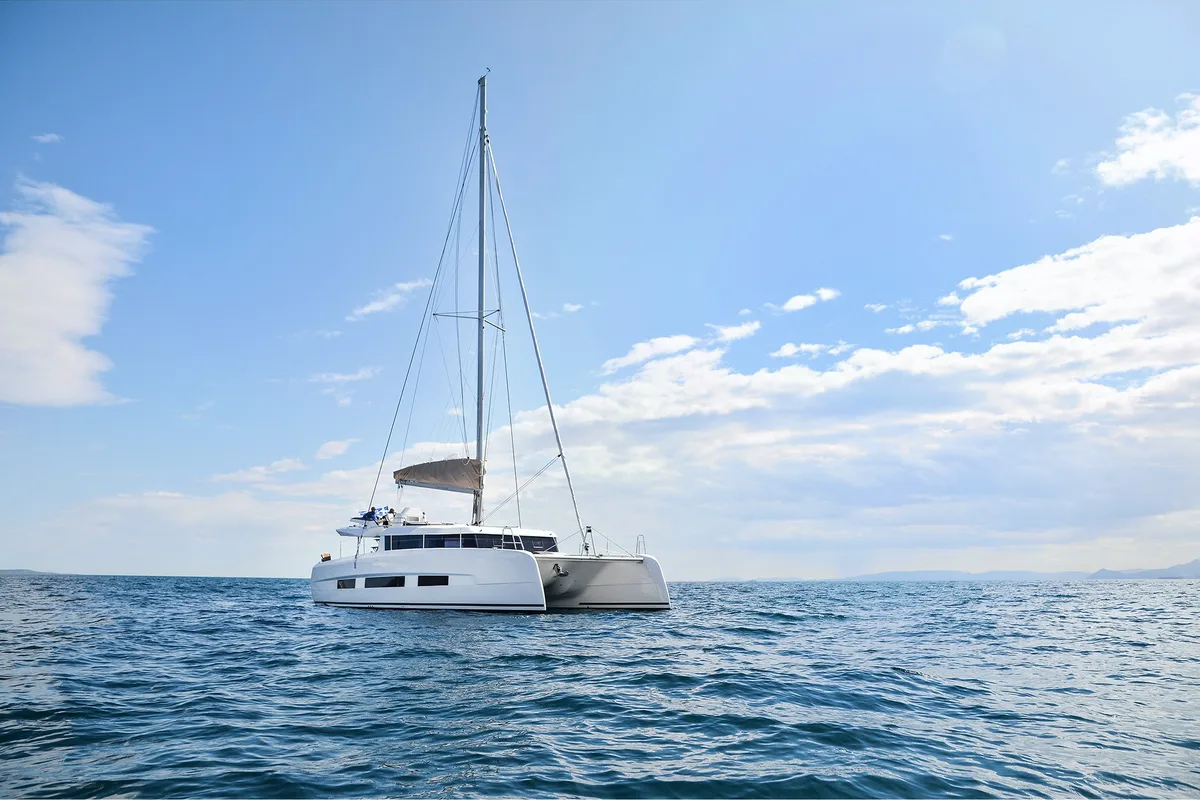 Exterior view of My Blue Heaven, a Dufour 48 Cat catamaran at Athens, Greece