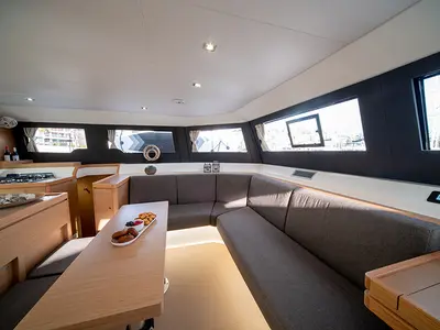 Salon of My Blue Heaven, a Dufour 48 Cat catamaran at Athens, Greece
