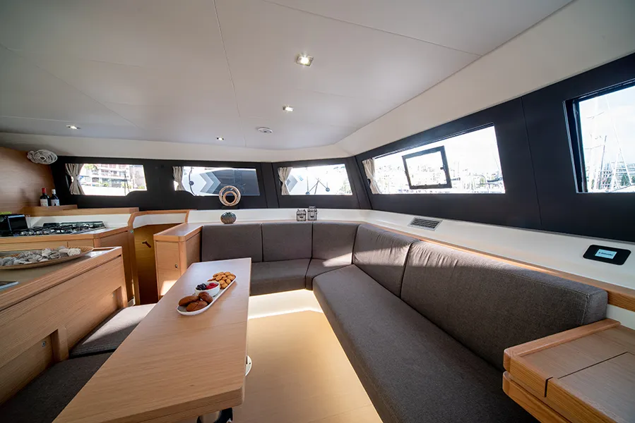 Salon of My Blue Heaven, a Dufour 48 Cat catamaran at Athens, Greece