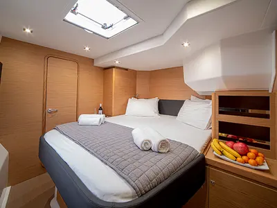 Cabin on My Blue Heaven, a Dufour 48 Cat catamaran at Athens, Greece