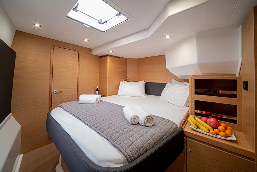 Cabin on My Blue Heaven, a Dufour 48 Cat catamaran at Athens, Greece