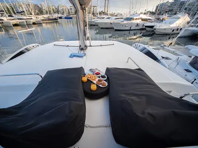 Deck of My Blue Heaven, a Dufour 48 Cat catamaran at Athens, Greece