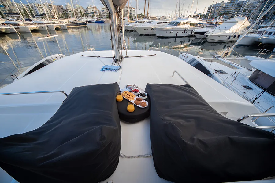 Deck of My Blue Heaven, a Dufour 48 Cat catamaran at Athens, Greece