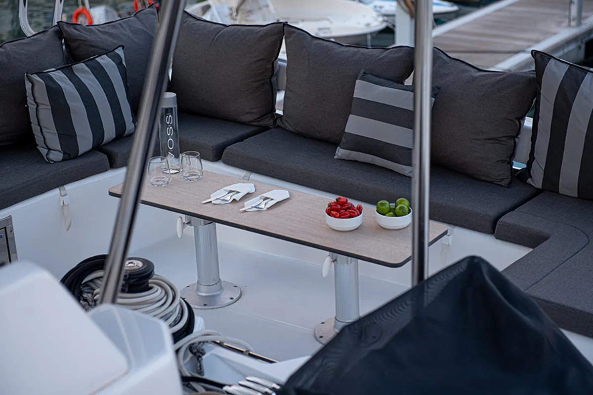 Deck of My Blue Heaven, a Dufour 48 Cat catamaran at Athens, Greece