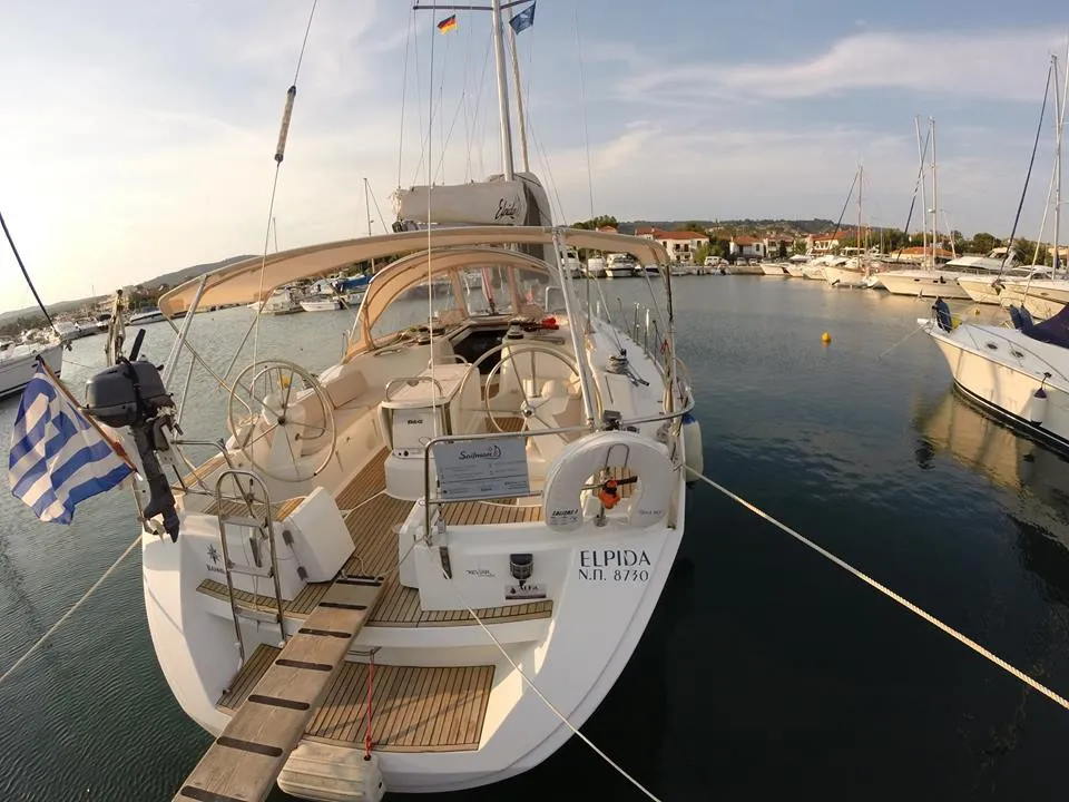 Exterior view of Elpida, a Jeanneau Sun Odyssey 45 sailboat at Sithonia Municipal Unit, Greece