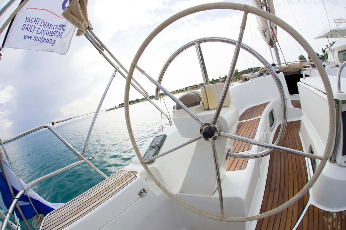 Cockpit of Elpida, a Jeanneau Sun Odyssey 45 sailboat at Sithonia Municipal Unit, Greece