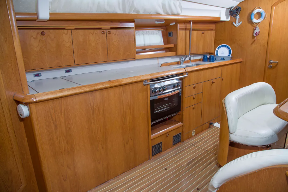 Galley of Elpida, a Jeanneau Sun Odyssey 45 sailboat at Sithonia Municipal Unit, Greece